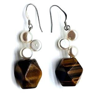 Sterling Silver 925 Dangle Earrings – Freshwater Pearls & Faceted Tiger's Eye